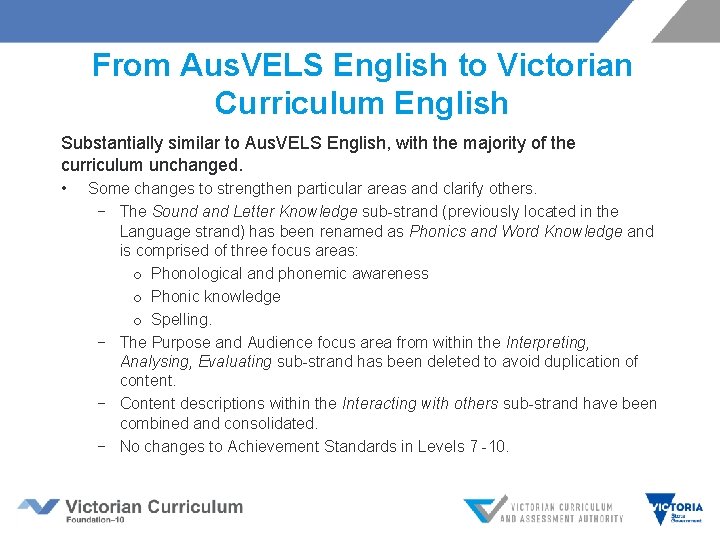 From Aus. VELS English to Victorian Curriculum English Substantially similar to Aus. VELS English,