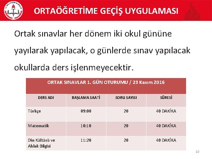 ORTAÖĞRETİME GEÇİŞ UYGULAMASI Ortak sınavlar her dönem iki okul gününe yayılarak yapılacak, o günlerde ORTAÖĞRETİME GEÇİŞ UYGULAMASI Ortak sınavlar her dönem iki okul gününe yayılarak yapılacak, o günlerde