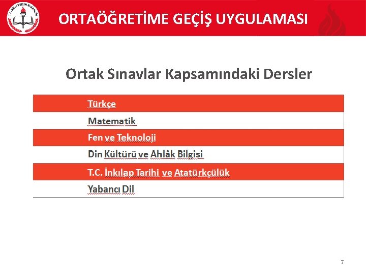 ORTAÖĞRETİME GEÇİŞ UYGULAMASI Ortak Sınavlar Kapsamındaki Dersler 7 