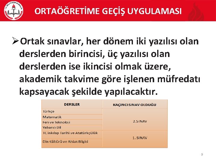 ORTAÖĞRETİME GEÇİŞ UYGULAMASI Ortak sınavlar, her dönem iki yazılısı olan derslerden birincisi, üç yazılısı ORTAÖĞRETİME GEÇİŞ UYGULAMASI Ortak sınavlar, her dönem iki yazılısı olan derslerden birincisi, üç yazılısı