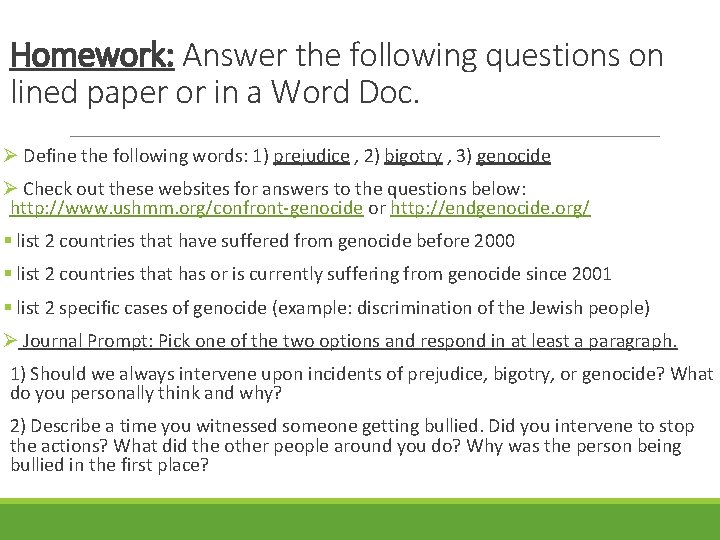 Homework: Answer the following questions on lined paper or in a Word Doc. Ø