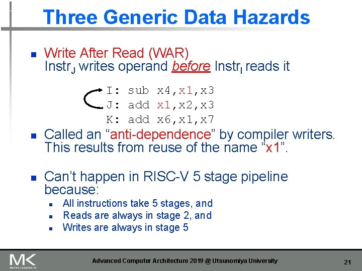 Three Generic Data Hazards n Write After Read (WAR) Instr. J writes operand before Three Generic Data Hazards n Write After Read (WAR) Instr. J writes operand before