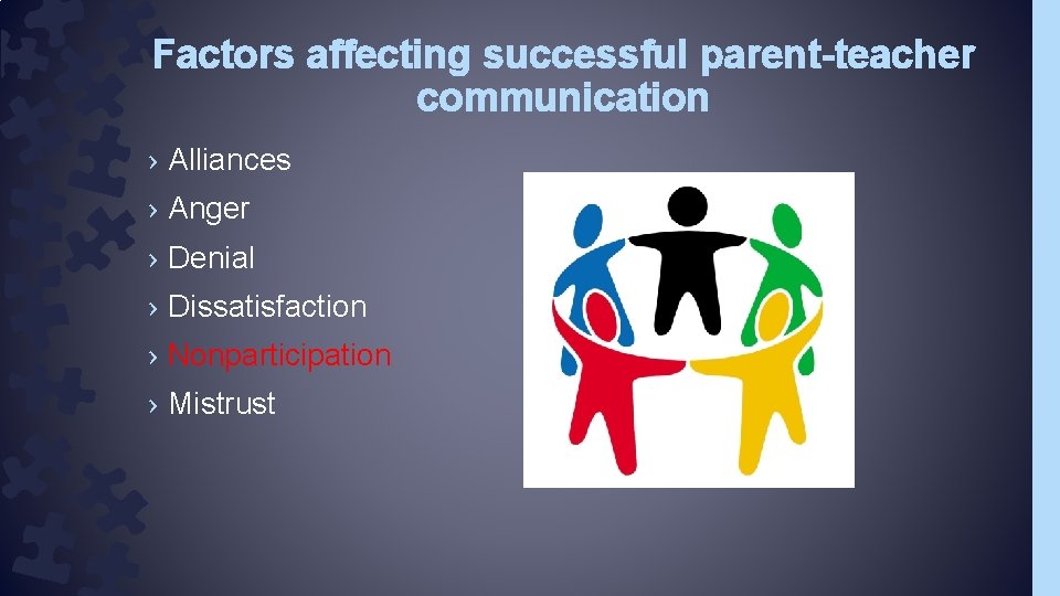 Factors affecting successful parent-teacher communication › Alliances › Anger › Denial › Dissatisfaction ›