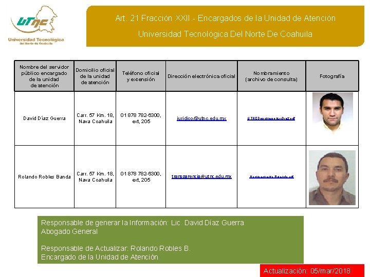 Art. 21 Fracción XXII. - Encargados de la Unidad de Atención Universidad Tecnológica Del