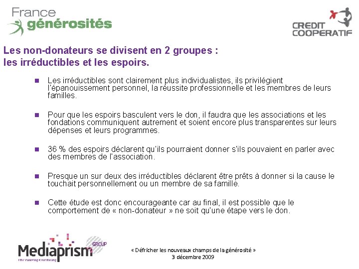 Les non-donateurs se divisent en 2 groupes : les irréductibles et les espoirs. Les