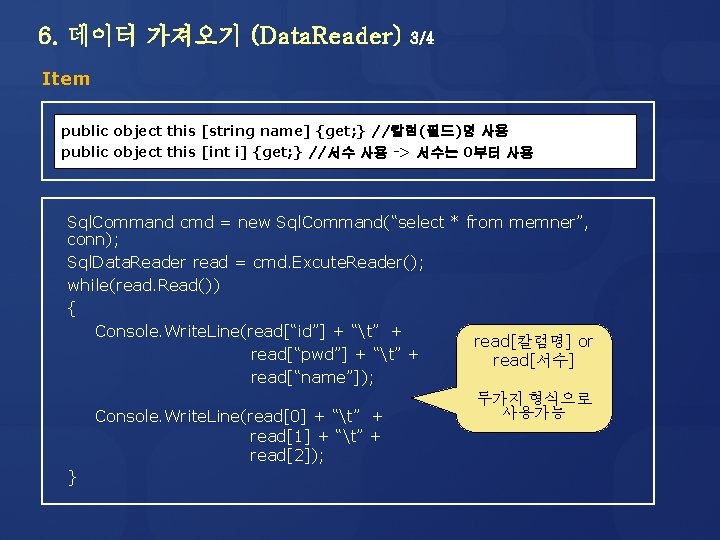 6. 데이터 가져오기 (Data. Reader) 3/4 Item public object this [string name] {get; }