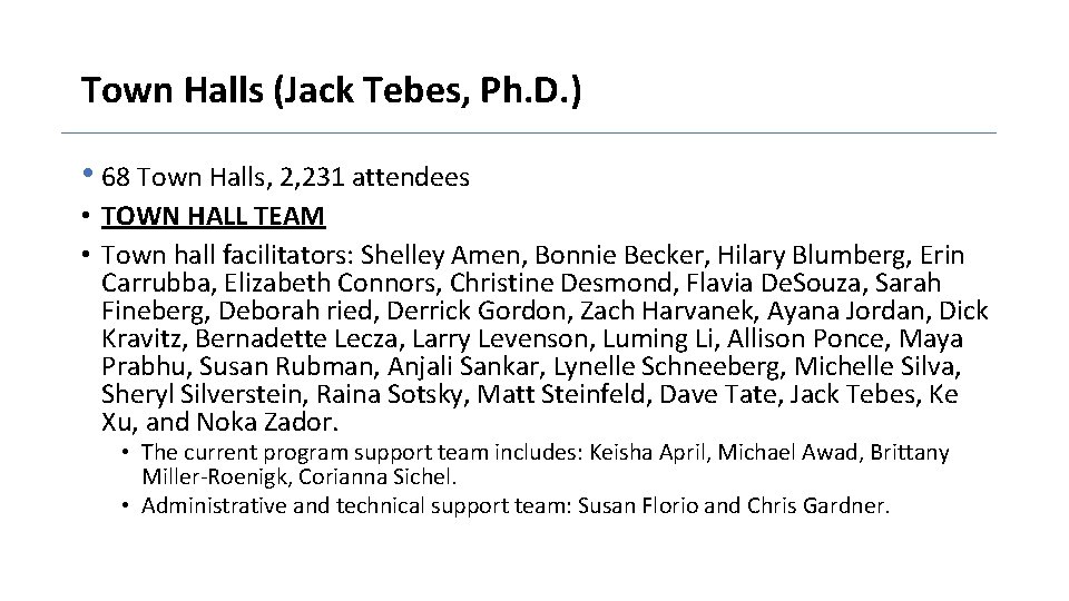 Town Halls (Jack Tebes, Ph. D. ) • 68 Town Halls, 2, 231 attendees