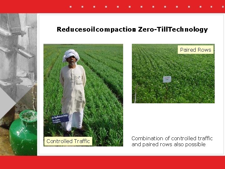 Reducesoil compaction : Zero-Till. Technology Paired Rows ZT-Wheat Controlled traffic-Paired Row Controlled Traffic Combination