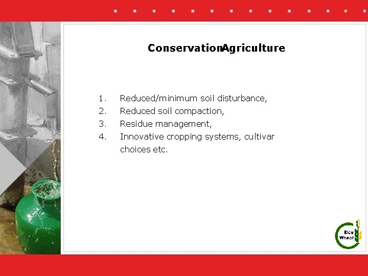 Conservation. Agriculture 1. Reduced/minimum soil disturbance, 2. Reduced soil compaction, 3. Residue management, 4.