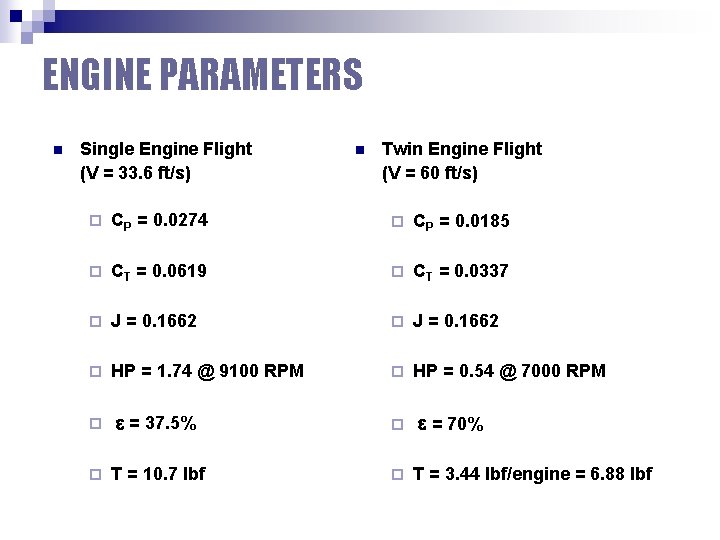 ENGINE PARAMETERS n Single Engine Flight (V = 33. 6 ft/s) n Twin Engine