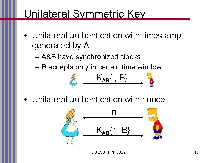 Unilateral Symmetric Key • Unilateral authentication with timestamp generated by A. – A&B have