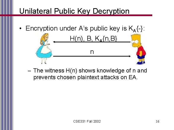 Unilateral Public Key Decryption • Encryption under A’s public key is KA{-}: H(n), B,