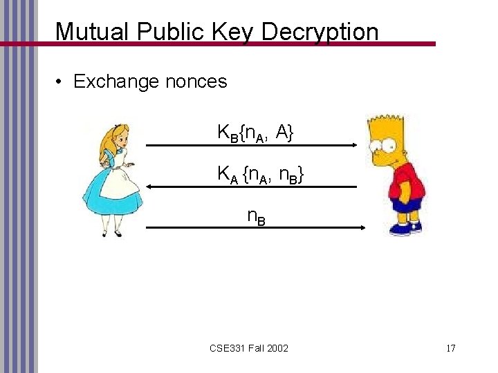 Mutual Public Key Decryption • Exchange nonces KB{n. A, A} KA {n. A, n.