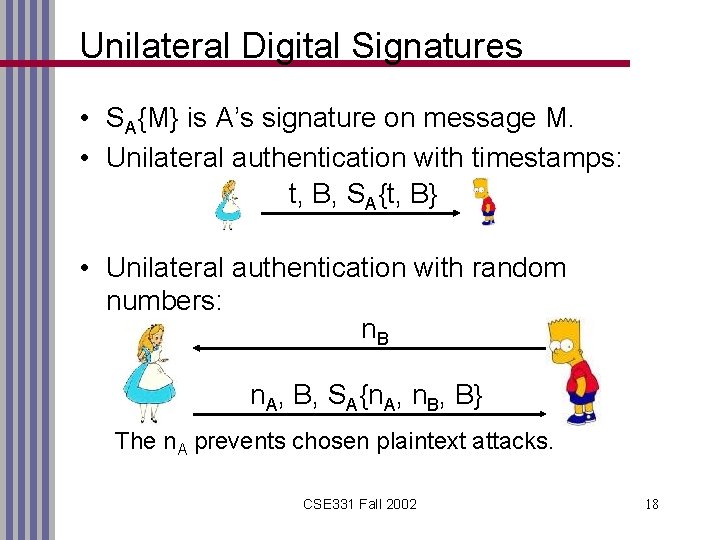 Unilateral Digital Signatures • SA{M} is A’s signature on message M. • Unilateral authentication