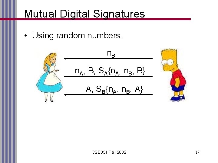 Mutual Digital Signatures • Using random numbers. n. B n. A, B, SA{n. A,