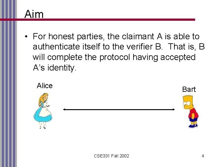 Aim • For honest parties, the claimant A is able to authenticate itself to