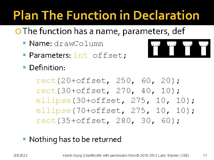 Plan The Function in Declaration The function has a name, parameters, def Name: draw.