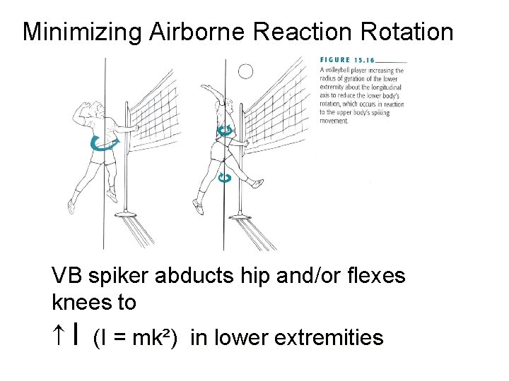 Minimizing Airborne Reaction Rotation VB spiker abducts hip and/or flexes knees to I (I