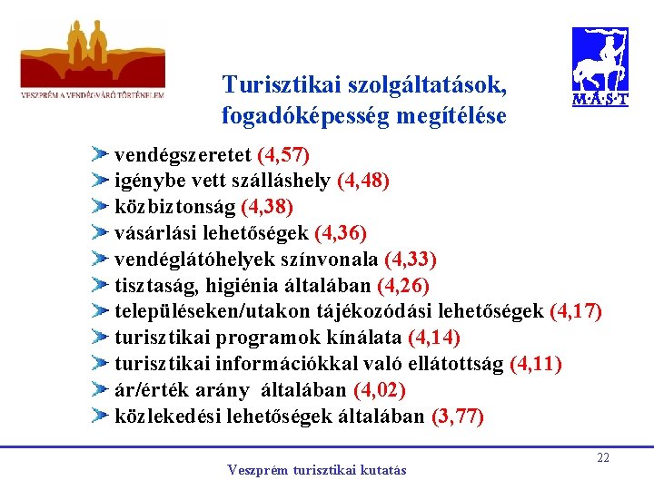 Turisztikai szolgáltatások, fogadóképesség megítélése vendégszeretet (4, 57) igénybe vett szálláshely (4, 48) közbiztonság (4,