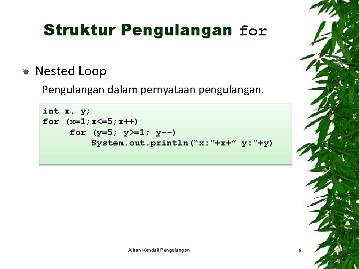 Struktur Pengulangan for Nested Loop Pengulangan dalam pernyataan pengulangan. int x, y; for (x=1;