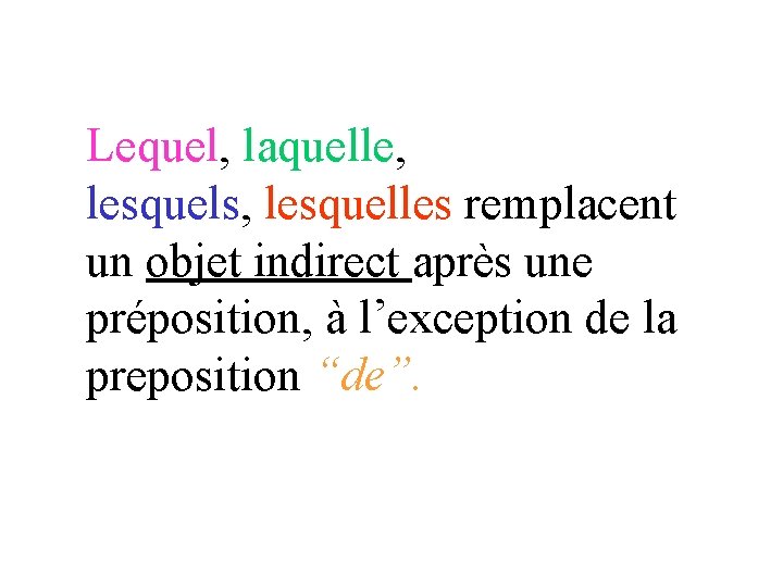 Lequel, laquelle, lesquels, lesquelles remplacent un objet indirect après une préposition, à l’exception de