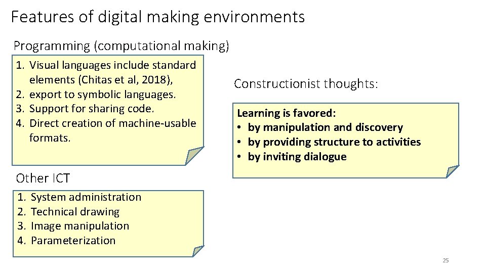 Features of digital making environments Programming (computational making) 1. Visual languages include standard elements