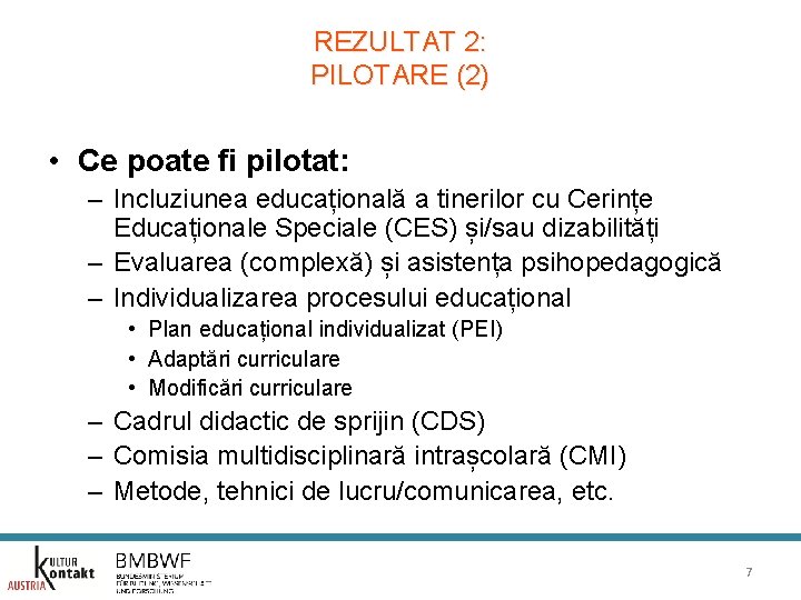 REZULTAT 2: PILOTARE (2) • Ce poate fi pilotat: – Incluziunea educațională a tinerilor