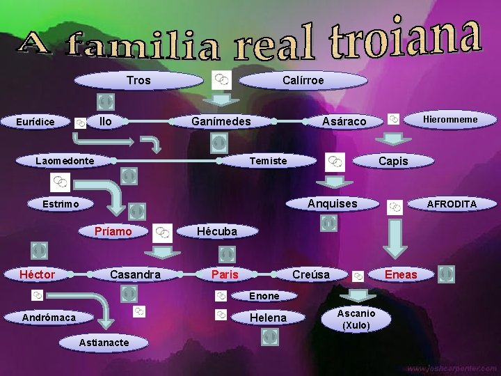 Tros Ilo Eurídice Calírroe Ganímedes Laomedonte Capis Temiste Anquises Estrimo Príamo Héctor Hieromneme Asáraco