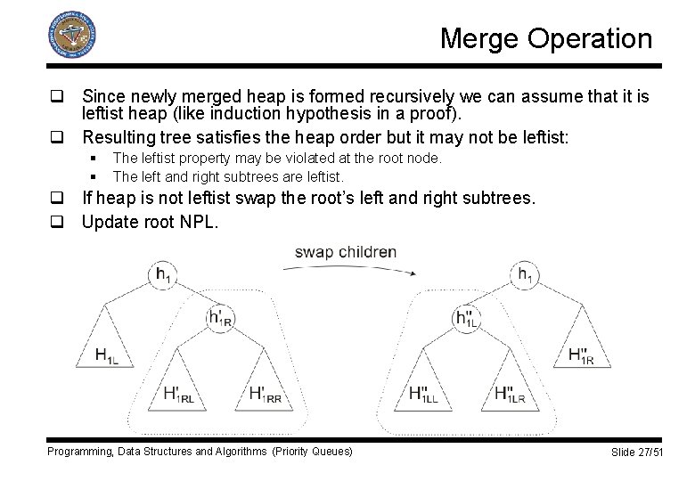 Merge Operation q Since newly merged heap is formed recursively we can assume that