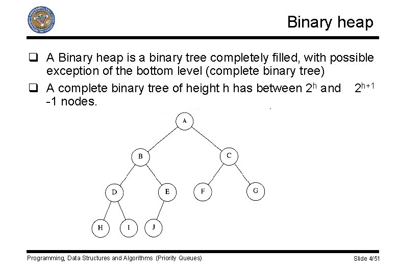 Binary heap q A Binary heap is a binary tree completely filled, with possible