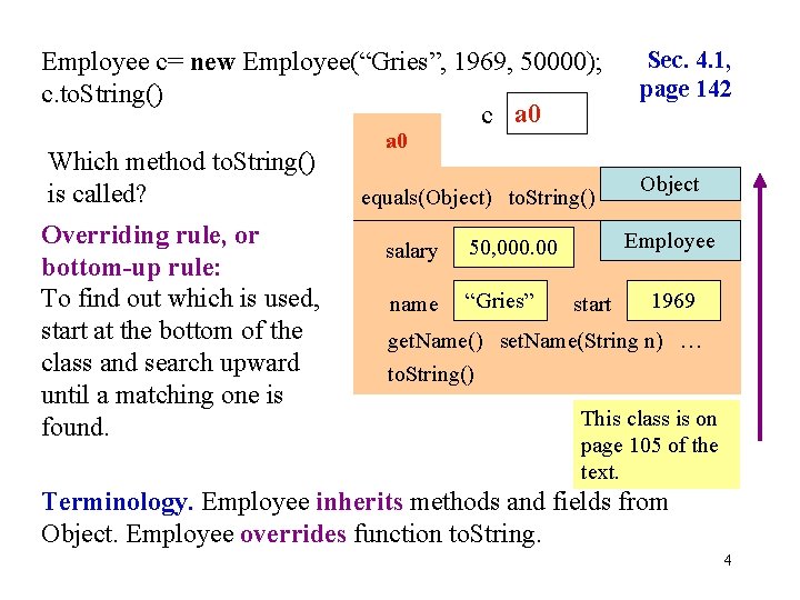 Employee c= new Employee(“Gries”, 1969, 50000); c. to. String() c a 0 Which method