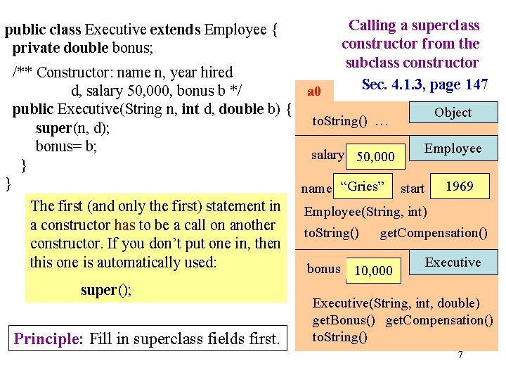 public class Executive extends Employee { private double bonus; Calling a superclass constructor from