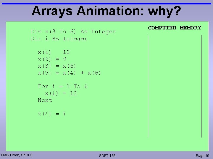 Arrays Animation: why? Mark Dixon, So. CCE SOFT 136 Page 10 