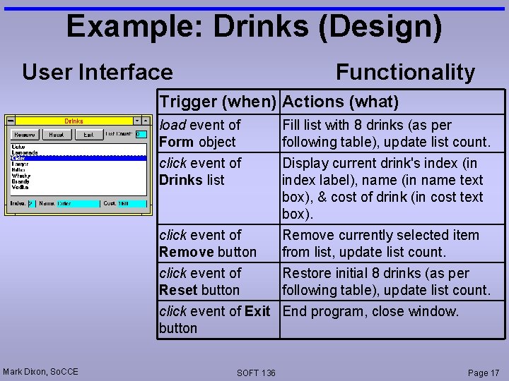 Example: Drinks (Design) User Interface Functionality Trigger (when) Actions (what) load event of Form