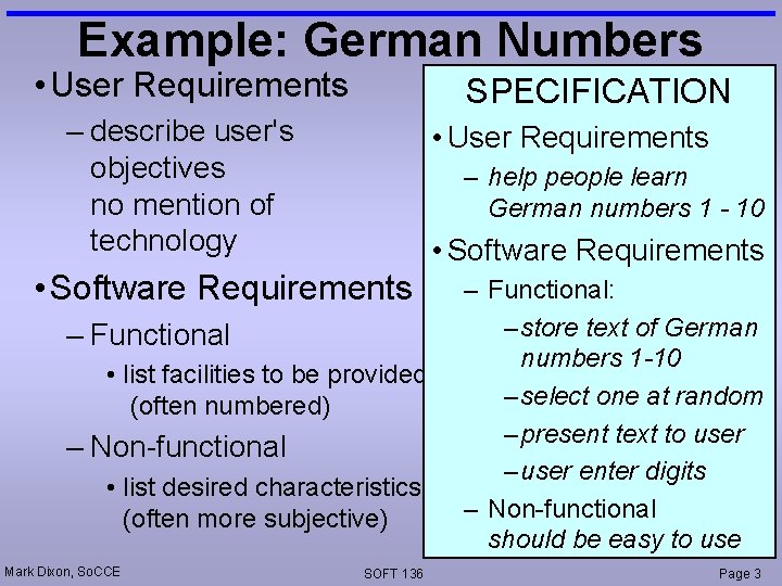 Example: German Numbers • User Requirements SPECIFICATION – describe user's objectives no mention of