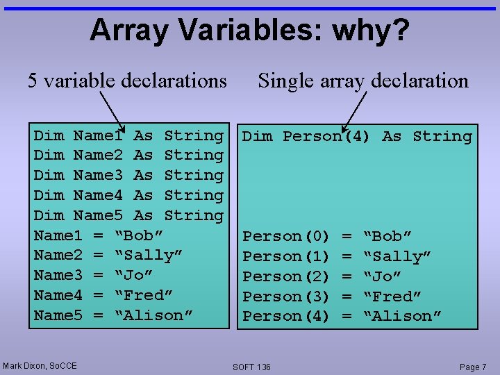 Array Variables: why? 5 variable declarations Single array declaration Dim Name 1 As String