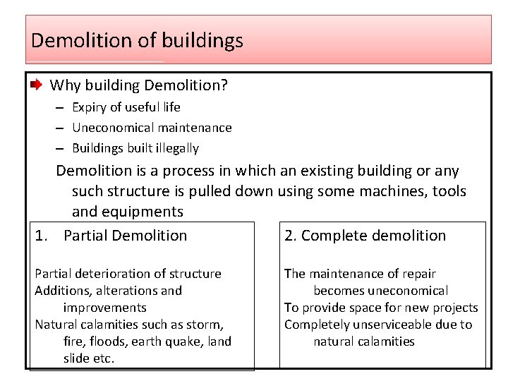 Demolition of buildings Why building Demolition? – Expiry of useful life – Uneconomical maintenance