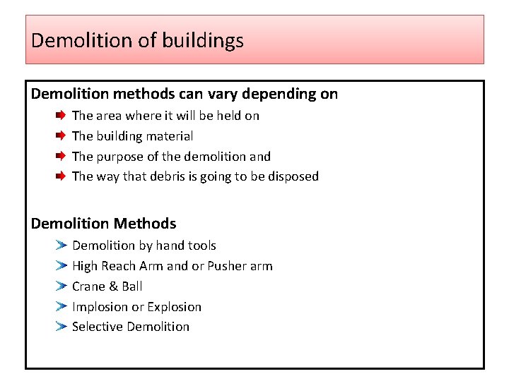 Demolition of buildings Demolition methods can vary depending on The area where it will