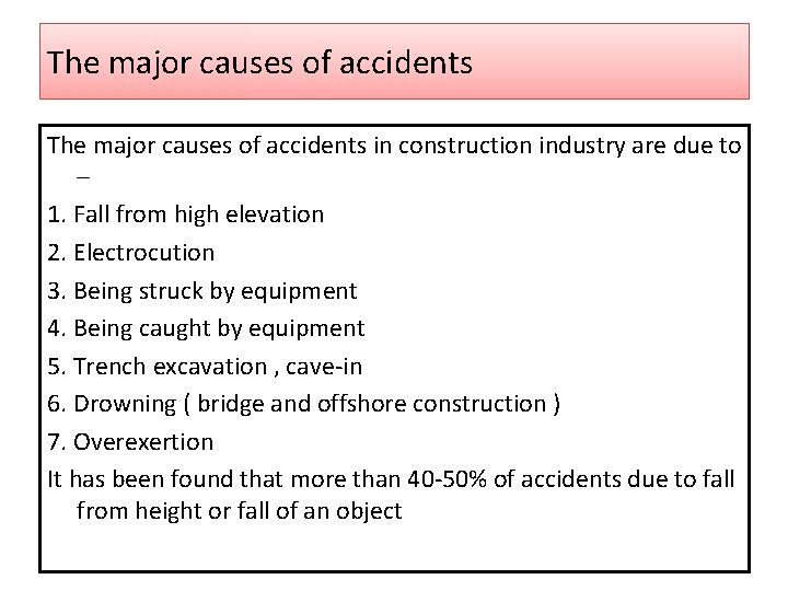 The major causes of accidents in construction industry are due to – 1. Fall