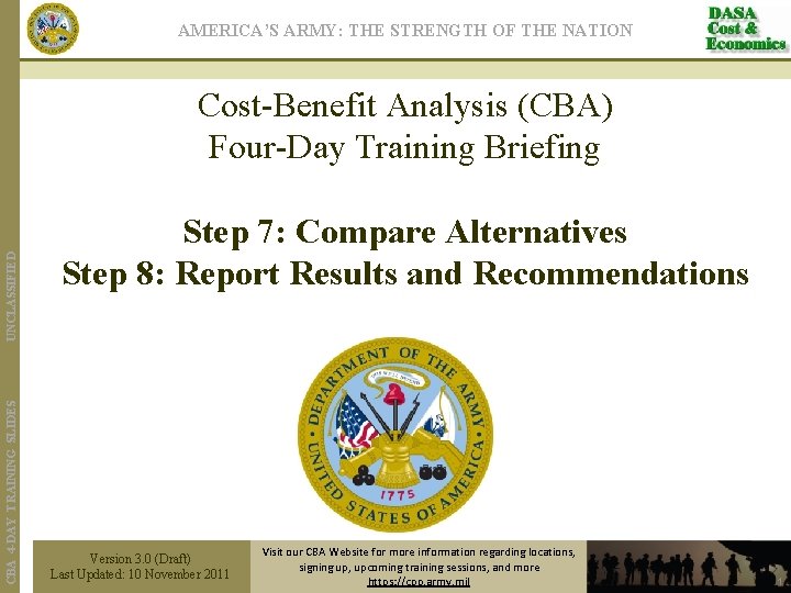 AMERICA’S ARMY: THE STRENGTH OF THE NATION CBA 4 -DAY TRAINING SLIDES UNCLASSIFIED Cost-Benefit