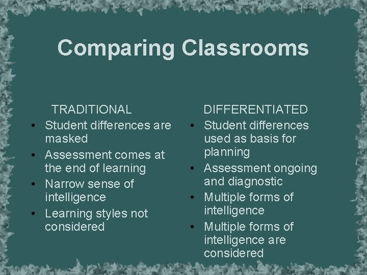 Comparing Classrooms • • TRADITIONAL Student differences are masked Assessment comes at the end