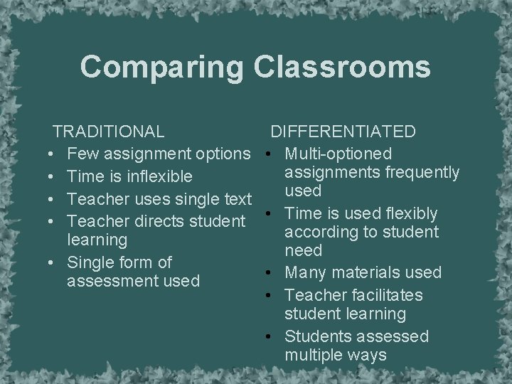 Comparing Classrooms TRADITIONAL DIFFERENTIATED • Few assignment options • Multi-optioned assignments frequently • Time