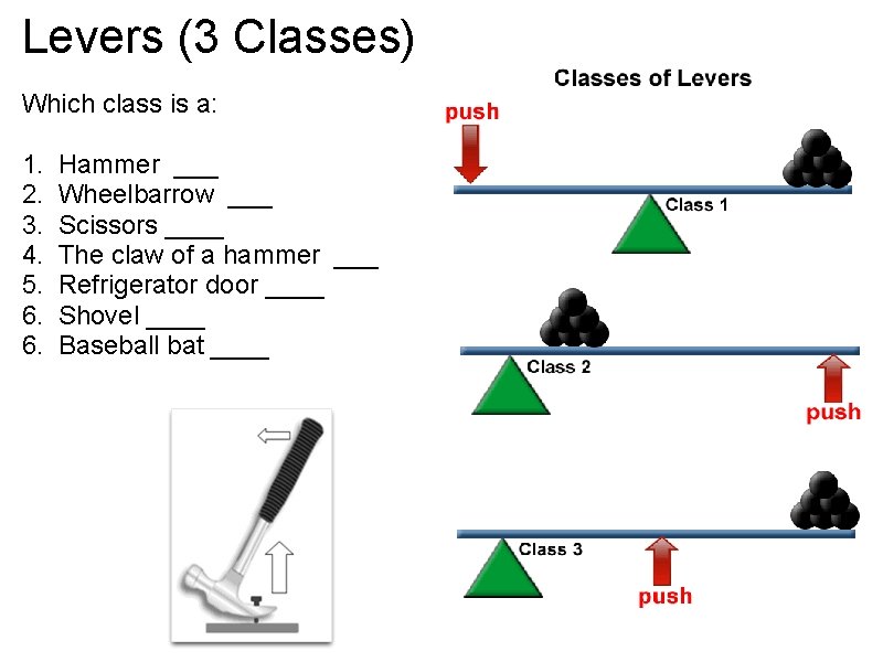 Levers (3 Classes) Which class is a: 1. 2. 3. 4. 5. 6. 6.