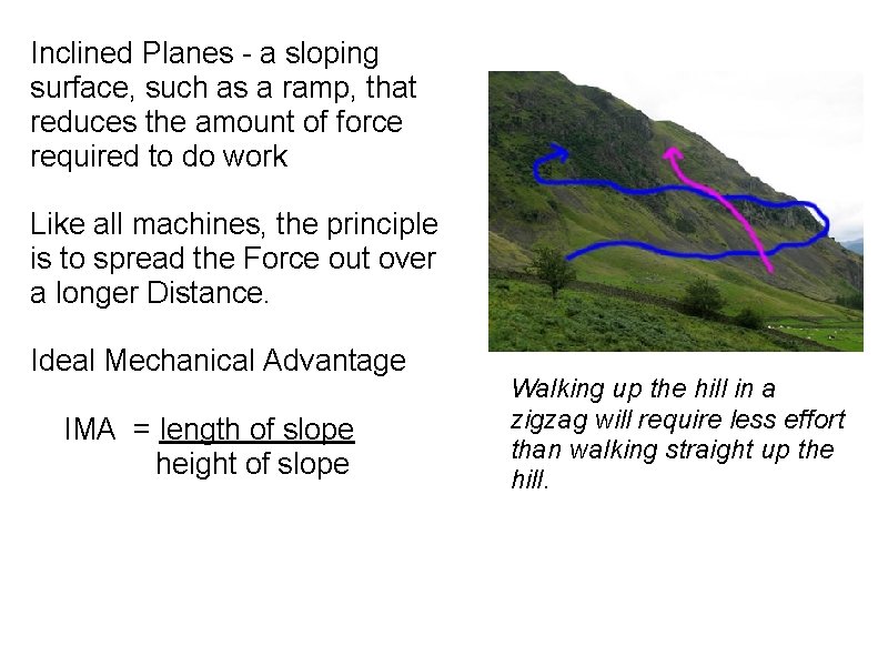 Inclined Planes - a sloping surface, such as a ramp, that reduces the amount