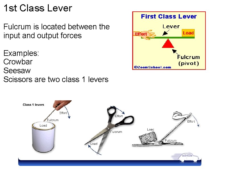 1 st Class Lever Fulcrum is located between the input and output forces Examples: