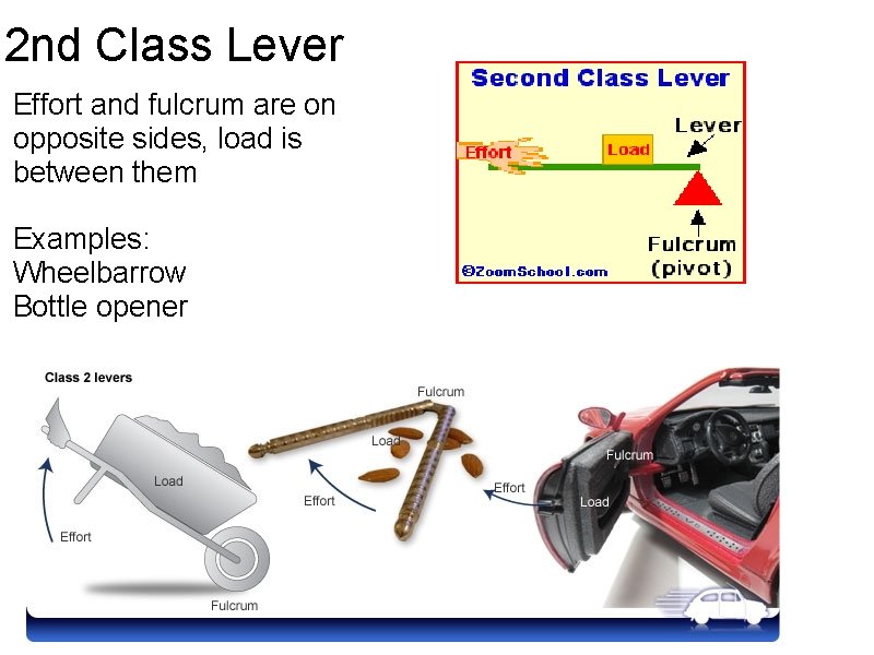 2 nd Class Lever Effort and fulcrum are on opposite sides, load is between