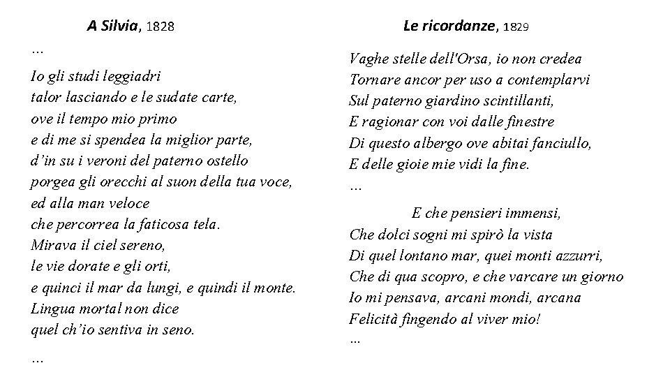 Le ricordanze, 1829 A Silvia, 1828 … Io gli studi leggiadri talor lasciando e