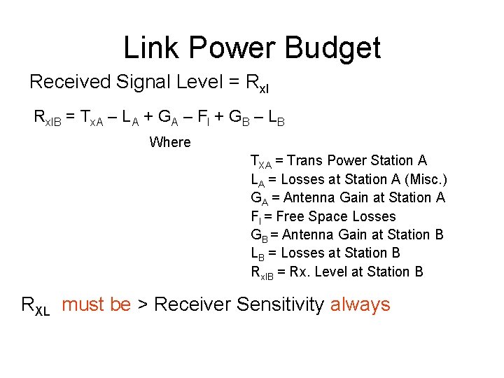 Link Power Budget Received Signal Level = Rxl. B = Tx. A – LA