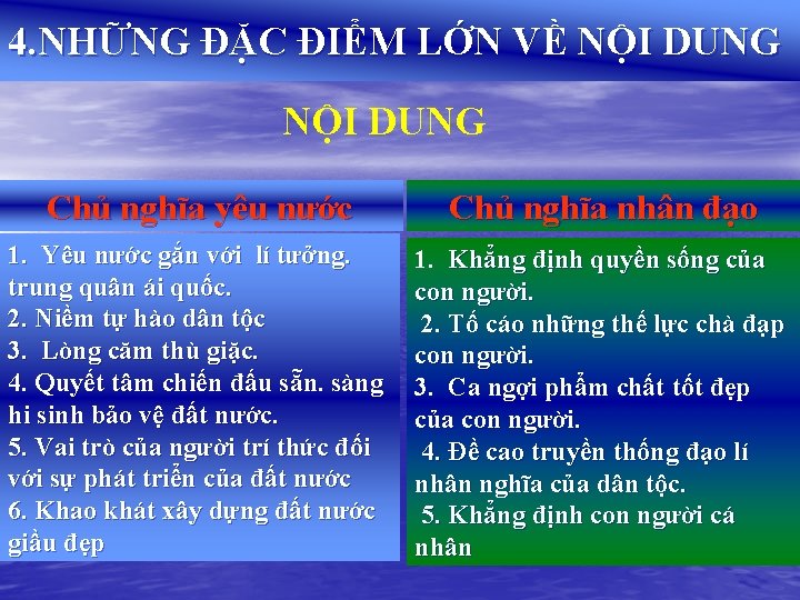 4. NHỮNG ĐẶC ĐIỂM LỚN VỀ NỘI DUNG Chủ nghĩa yêu nước Chủ nghĩa