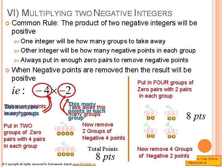 VI) MULTIPLYING TWO NEGATIVE INTEGERS Common Rule: The product of two negative integers will